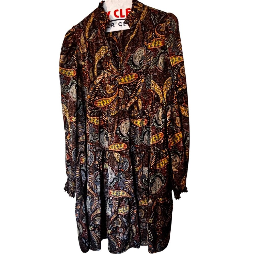 Umgee Women's Boho Western Tiered Long Sleeve Paisley Print Mini Dress S
